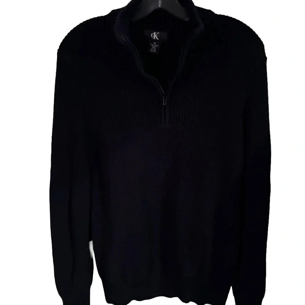 Calvin Klein Men’s Black Sweater ribbed Knit 1/4 zip 100% Cotton Size Medium